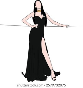 Illustration of a woman wearing a stylish black evening gown and a bold choker necklace, exuding elegance and sophistication, captured in a poised posture that highlights her fashionable appearance.