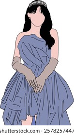 Illustration of a woman wearing a stylish blue formal gown, gloves, and a tiara. The flat design emphasizes elegance and grace, with minimalistic features adding a modern aesthetic style.