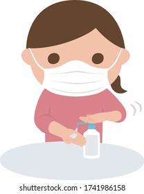 Illustration of a woman wearing a surgical mask. She cleans her hands with alcohol sterilization.