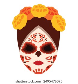 Illustration of a woman wearing traditional calavera makeup and a crown of cempasuchil flowers for dia de los muertos celebration