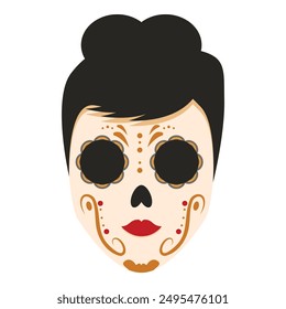 Illustration of a woman wearing traditional day of the dead makeup with black hair tied up