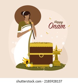 Illustration of a woman wearing traditional dress with auspicious objects. Concept of Onam festival in Kerala