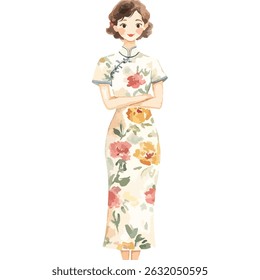Ilustração de uma mulher usando um tradicional vestido de cheongsam floral. O vestido apresenta uma base bege claro com padrões florais vibrantes. Ela tem uma expressão suave e seus braços estão cruzados.