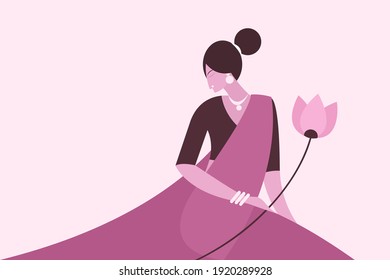 Illustration of a woman wearing  traditional Indian dress holding lotus flowers