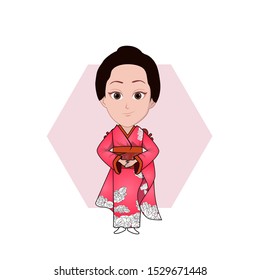 illustration of a woman wearing traditional Japanese clothing, pink kimono or yukata. Vector cartoons that can be used for caricature or mascot templates with plain backgrounds.