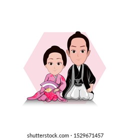 illustration of a woman wearing traditional Japanese clothing, a pink kimono or yukata sitting side by side with a man wearing traditional Japanese samurai clothing. Vector cartoons, isolated.