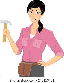 Illustration of a Woman Wearing a Utility Belt Holding a Hammer