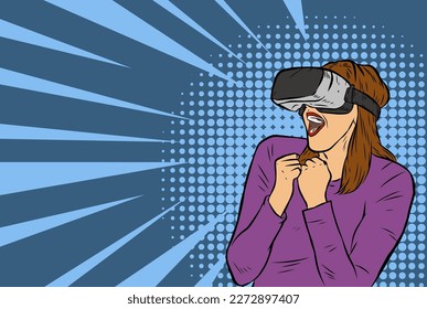 Illustration of a woman wearing virtual reality goggle mask in retro comic pop art style. 