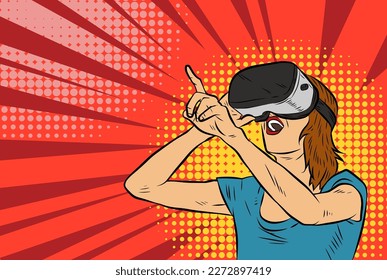 Illustration of a woman wearing virtual reality goggle mask in retro comic pop art style. 