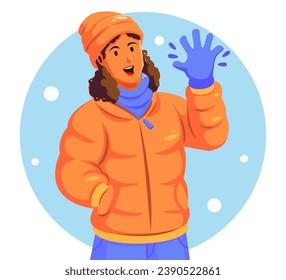 Illustration of a woman Wearing Winter Clothes Smiling and Waving
