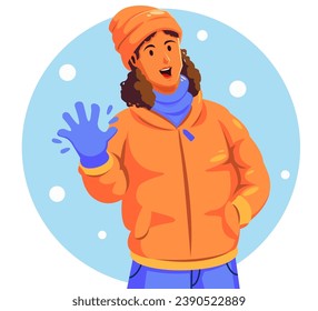 Illustration of a woman Wearing Winter Clothes Smiling and Waving