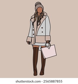 Illustration of a woman wearing winter clothes, wearing boots, and holding a bag.