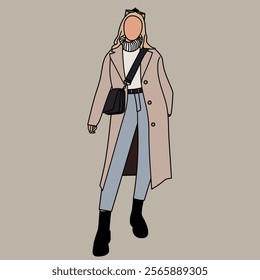 Illustration of a woman wearing winter clothes, black boots and a sling bag.