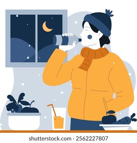 Illustration of a woman wearing a winter jacket enjoying a hot drink in winter. vector illustration with flat design 