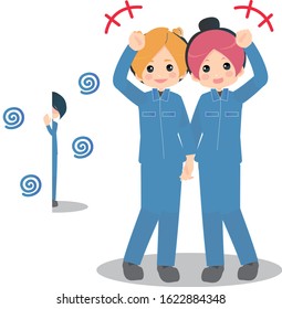 Illustration of a woman wearing work clothes holding hands and a person behind