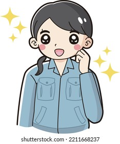 Illustration of a woman wearing work clothes doing a guts pose