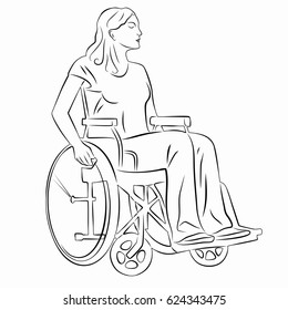 illustration of a woman in a wheelchair, black and white drawing, white background