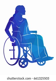 illustration of a woman in a wheelchair, blue triangles drawing, white background