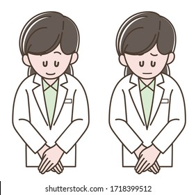 Illustration of the woman in a white coat bowing (Vector illustration set)