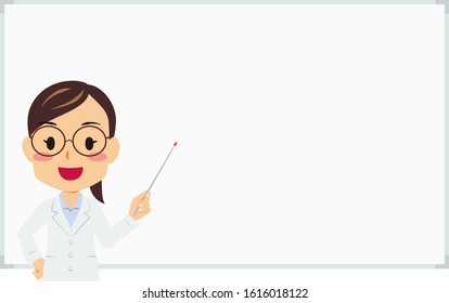 Illustration of a woman in white coat holding a pointing stick in front of a whiteboard