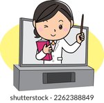 Illustration of a woman in a white coat jumping out of the TV screen and explaining