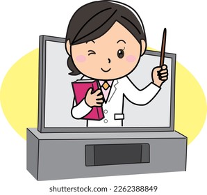 Illustration of a woman in a white coat jumping out of the TV screen and explaining