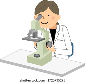 Illustration of a woman in a white coat looking through a microscope.