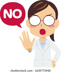 Illustration of a woman in white coat saying "NO"