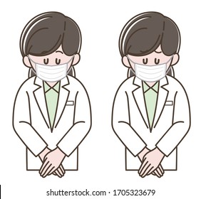 Illustration of the woman in a white coat wearing a surgical mask (Vector illustration set)