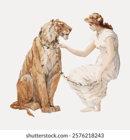 Illustration of a woman in a white dress sitting beside a large tiger. The woman gently holds the tiger's chain, showcasing a serene bond between them. Vintage illustration isolated on white, vector.