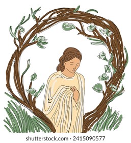 Illustration of a woman in white robe standing beneath a tree arbor, concept of bereavement and sympathy