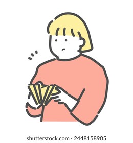 Illustration of a woman who becomes anxious after looking at the contents of her wallet