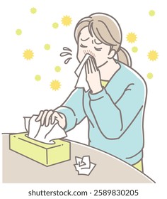 Illustration of a woman who can't stop her runny nose and is blowing her nose because of hay fever