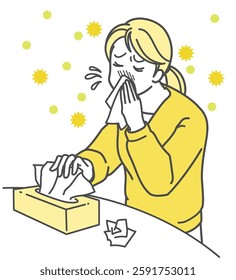 Illustration of a woman who can't stop her runny nose and is blowing her nose because of hay fever