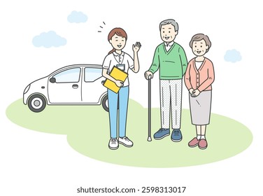 Illustration of a woman who is a care worker or care manager and an elderly couple having a conversation outside