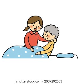 It is an illustration of a woman who cares for the elderly in bed.Easy-to-use vector material.