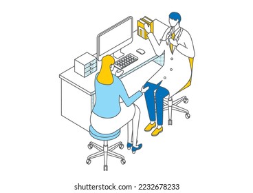 It is an illustration of a woman who consults a doctor in an examination room.