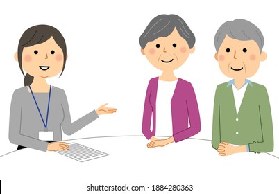 It is an illustration of a woman who consults with an elderly couple.