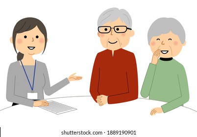 It is an illustration of a woman who consults with an elderly couple.