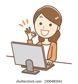 Illustration of a woman who is doing desk work.She is doing an OK sign.