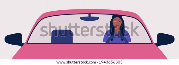 Illustration of woman who is driving a car. Vector\
illustration in a flat\
style.
