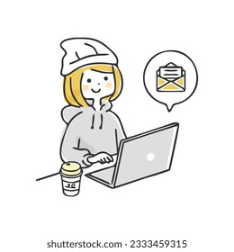 Illustration of a woman who emails on a personal computer.