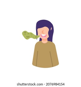 illustration of a woman who emits an unpleasant odor in his mouth. bad breath. oral health problems. flat cartoon style. vector design