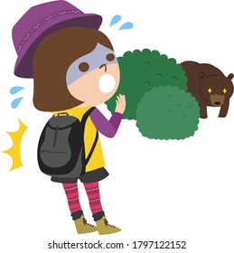 Illustration of a woman who encountered a wild bear and a mountain.