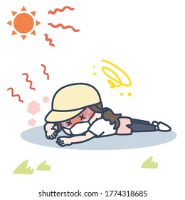 It is an illustration of the woman who exercises with the mask under the blazing sun, and falls down with heat stroke. Vector image.