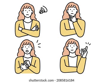 An illustration of a woman who expresses her doubts and problem solving with her expression.Social media, discovery, youth, thoughts, worries.