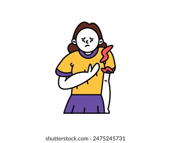 illustration of a woman who feels chest pain. symptoms of heart attack, shortness of breath, muscle injury, breast problems. health. character illustration design. graphic elements. outline style