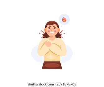 illustration of a woman who feels pain in her esophagus or throat. Heartburn. feeling pain and burning. gerd symptoms, inflammation. health problems. flat style character design. elements