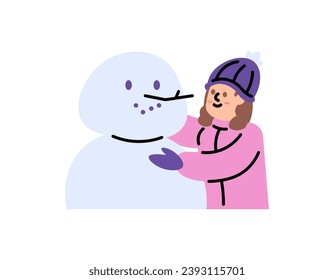 Illustration of a woman who is happy and making a snowman. play with snow. enjoy winter. winter clothes. the character of people. flat or cartoon illustration design. vector elements