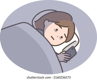 Illustration of a woman who has dark circles checking her smartphone in bed